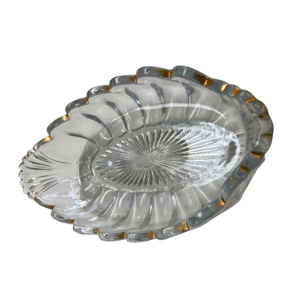 Vintage Clear Glass Oval Dish With Scalloped Edge & Gold Trim